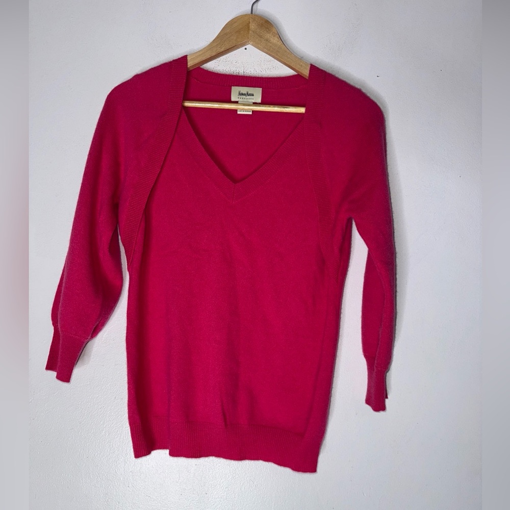 neiman marcus Hot Pink‎ V Neck Cashmere 3:4 Sleeve Sweater Medium